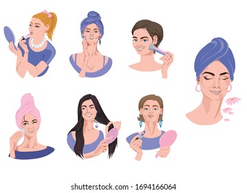 Set of woman portraits in blue clothes doing makeup. Brushing hair, wearing lipstick, powdering face. Vector