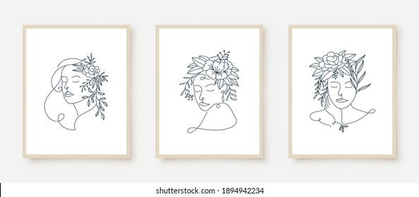 set of woman portraits line art floral frame