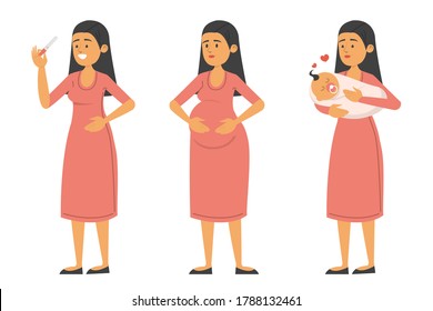 Set of woman with positive test, during pregnancy and with baby vector isolated. Motherhood, happy lady with child. Pregnant woman holding belly, expecting baby.