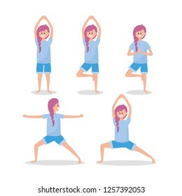 set woman practice yoga pose relaxation