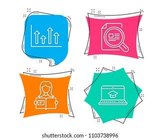 Set of Woman read, Upper arrows and Check article icons. Website education sign. Girl studying, Growth infochart, Magnifying glass. Video learning.  Flat geometric colored tags. Vivid banners. Vector