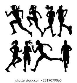 set of woman running on white background