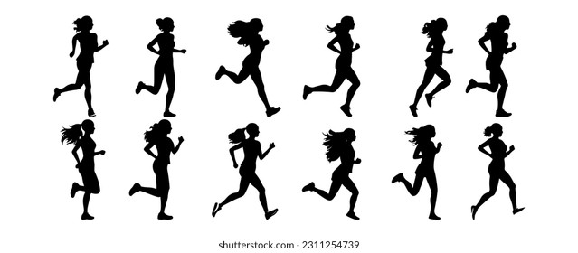 Set of woman running silhouette isolated on white background. Sport run athlete girl. Female marathon jogging vector illustration