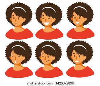 Set of woman s emotions. Facial expression. Beautiful girl emoji with a variety of facial expressions. Girl Avatar. Vector illustration of a flat design.