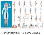 Set of Woman Scientist character vector design. Presentation in various action with emotions, running, standing and walking.