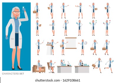 Set of Woman Scientist character vector design. Presentation in various action with emotions, running, standing and walking.