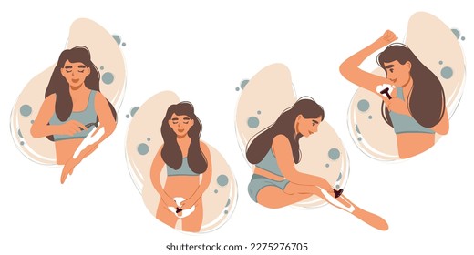 Set of woman shaves her hair with a razor.  Flat vector illustration svg