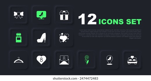 Set Woman shoe, Bedroom, Flower, Perfume, Heart with 8 March,  and Envelope icon. Vector