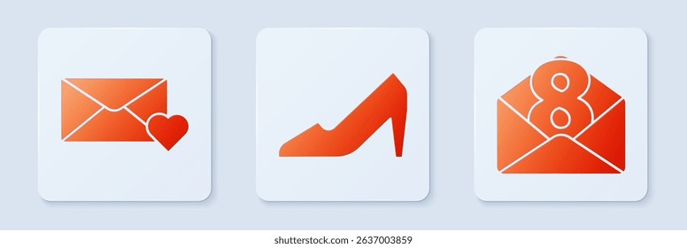 Set Woman shoe, Envelope with 8 March and Envelope with 8 March. White square button. Vector