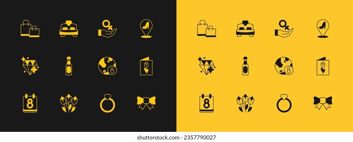 Set Woman shoe, Flower tulip, International Women Day, Diamond engagement ring, Champagne bottle, Female gender symbol, Paper shopping bag and Bedroom icon. Vector