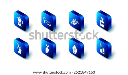 Set Woman shoe, Grape fruit, Perfume, Mascara brush, Pope hat, dress, Bottle of wine in bucket and Coffee moca pot icon. Vector
