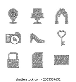 Set Woman shoe, Greeting card, Envelope with Valentine heart, Key shape, Lock and, Photo camera, Wedding arch and rings icon. Vector