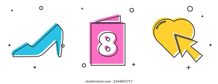 Set Woman shoe, Greeting card with 8 March and Heart and cursor click icon. Vector