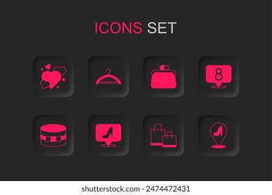 Set Woman shoe, Hanger wardrobe, Heart, Paper shopping bag, 8 March, Handbag and Gift box heart icon. Vector