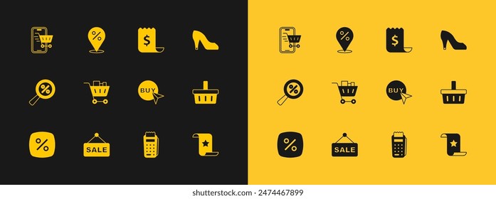 Set Woman shoe, Hanging sign with text Sale, Buy button, POS terminal, Shopping cart and food, Paper check financial check, Mobile shopping and Location percent icon. Vector