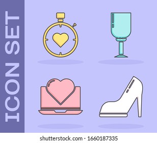 Set Woman shoe with high heel, Heart in the center stopwatch, Laptop with heart and Wine glass icon. Vector