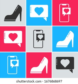 Set Woman shoe with high heel, Like and heart and Smartphone with heart speech bubble icon. Vector