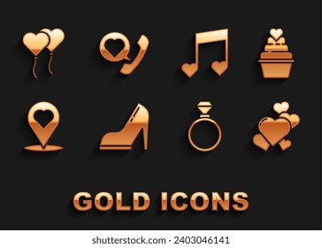 Set Woman shoe with high heel, Heart, Wedding rings, Map pointer heart, Music note, tone hearts, Balloons form of and Telephone speech bubble icon. Vector