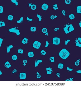Set Woman shoe, International Women Day and 8 March on seamless pattern. Vector