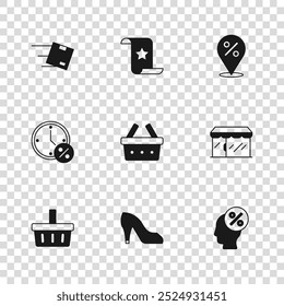 Set Woman shoe, Market store, Discount percent tag, Shopping basket, Location with, cardboard box, Paper check and financial check and Clock discount icon. Vector