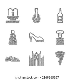 Set Woman shoe, Milan Cathedral, Slice of pizza, Italian cook, Men shoes, Grater, Bottle olive oil and Fountain icon. Vector