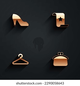 Set Woman shoe, Paper check and financial check, Hanger wardrobe and Wallet icon with long shadow. Vector