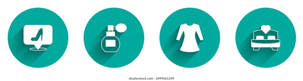 Set Woman shoe, Perfume, dress and Bedroom icon with long shadow. Vector