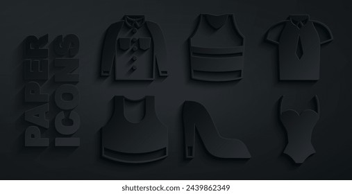 Set Woman shoe, Shirt, Female crop top, Swimsuit, Undershirt and  icon. Vector