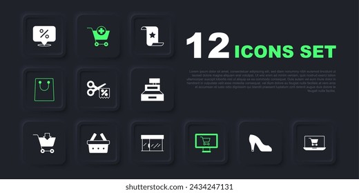 Set Woman shoe, Shopping cart on screen laptop, Scissors cuts discount coupon, monitor, Paper shopping bag, basket, Add and Market store icon. Vector