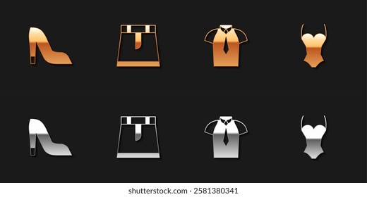 Set Woman shoe, Skirt, Shirt and Swimsuit icon. Vector