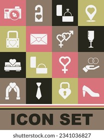Set Woman shoe, Wedding rings, Glass of champagne, Diamond engagement, Envelope with Valentine heart, Lock and, Photo camera and Gender icon. Vector