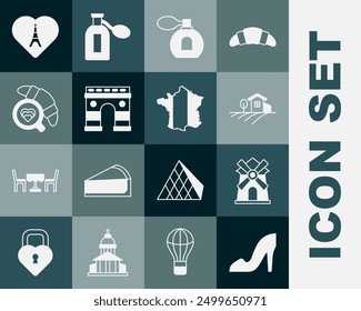 Set Woman shoe, Windmill, Village landscape, Perfume, Triumphal Arch, Coffee cup with croissant, Eiffel tower heart and Map France icon. Vector