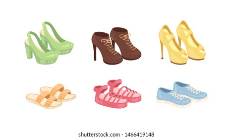 Set of woman shoes vector icons isolated on white background. Fashion footwear design collection.