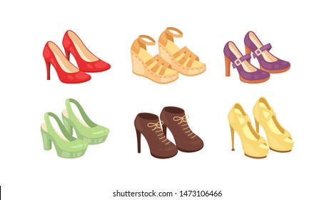 Set of woman shoes vector icons isolated on white background. Fashion footwear design collection.