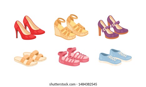 Set of woman shoes vector icons isolated on white background. Fashion footwear design collection.