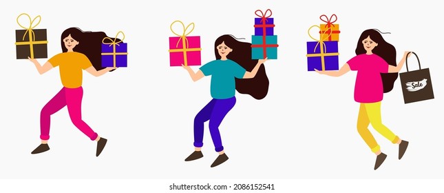 set woman shopping character with boxes and paper bags flat vector design