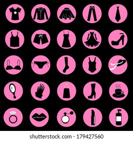 Set of woman shopping clothes and accessories elements. Isolated flat black vector icons