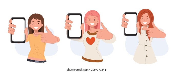 Set of Woman showing blank smartphone screen and pointing on it. cartoon vector illustrations.