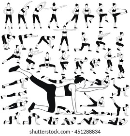 Set of woman silhouettes in different fitness poses. Sport workout positions for a girl. Healthy and active life concept.