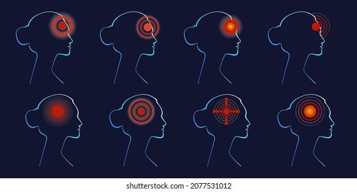 Set of Woman silhouettes with headache, migraine, head pain, health problems. Headache and migraine concept. Vector illustration in neon light style, medical concept, head profile, icon, healthcare