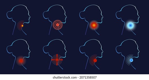 Conjunto de siluetas de mujeres dolor de garganta, irritación, síntoma de gripe, problemas de salud. Ilustración vectorial en estilo neón claro, concepto médico, perfil de cabeza, icono, logotipo de servicio de salud, estilo plano