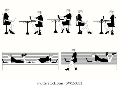 Set of woman sitting in different poses, using laptop.