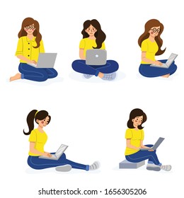 set of woman sitting on the floor with laptop flat design illustration for landing page