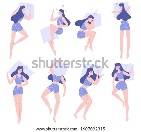 Set of woman sleep in different position. Female character in the bed on pillow. Night dream. Resting in bedroom. Isolated flat illustration