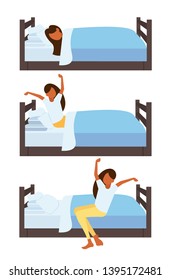 set woman sleeping stretching arms waking up in the morning young girl on bed female cartoon character different poses collection flat vertical