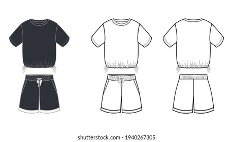 Satz von Frauenschlägern in Vektorgrafik.
Frauen schneiden strickte Pyjamas mit T-Shirt und Shorts. Heimkleidung mit dekorativen Details. Modegrafik-Vorlage.
Vorder- und Rückseite.