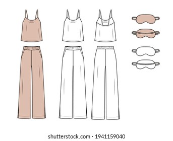 Set of woman sleepwear in vector graphic.Silk women pajamas. Cami silk top, pants with slits and sleep mask.Fashion illustration template.Front and back views.