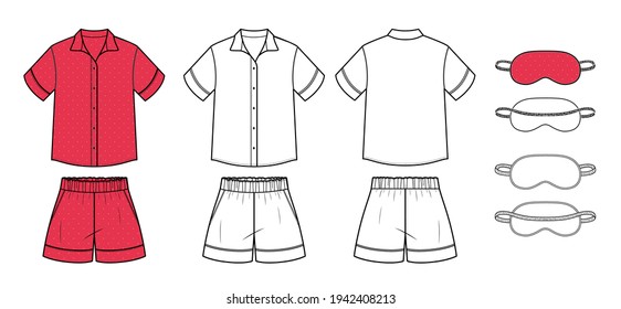 Set of woman sleepwear in vector graphic.Pajamas with shirt with collar, shorts with pockets and woman sleep mask.Clothes flat sketch vector. Fashion illustration template.
Scheme front back views.