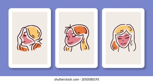 Set of Woman Smile Face Portrait Poster Illustration