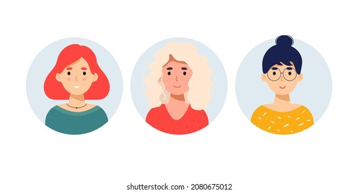 set of woman smiles. The woman with red hair, girl in glasses, woman with white hair . Office manager, designer, entrepreneur. Vector illustration. flat avatar